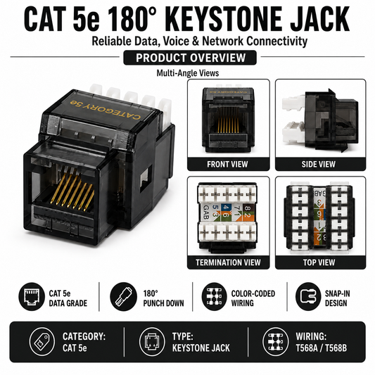 R.J. Enterprises - Cat5e Keystone Jack, 180-degree, Black (25 Pcs)