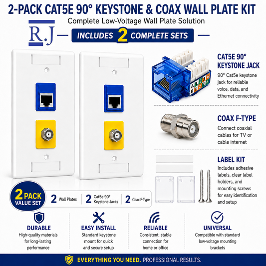 RJ45 Keystone Jack + Coax Wall Plate Bundle - Cat5e 90° Blue Ethernet + F-Type | RJ-EC-17 - R.J. Enterprises