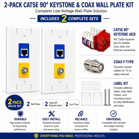 RJ45 Keystone Jack + Coax Wall Plate Bundle - Cat5e 90° Red Ethernet + F-Type | RJ-EC-20 - R.J. Enterprises