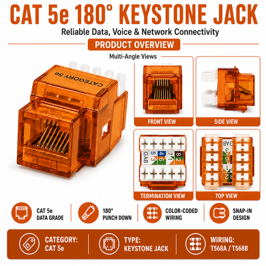 R.J. Enterprises - Cat5e Keystone Jack, 180-degree, Orange (25 Pcs)