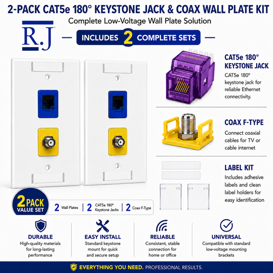 RJ45 Keystone Jack + Coax Wall Plate Bundle - Cat5e 180° Violet Ethernet + F-Type | RJ-EC-13 - R.J. Enterprises