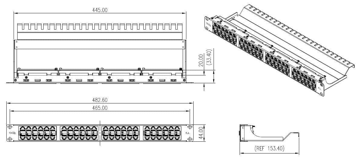 R.J. Enterprises - HDPP-48S-C6A (Shielded High Density Patch Panel, Cat6A 10Gb, Tool-Less, 48 Port) dimensions