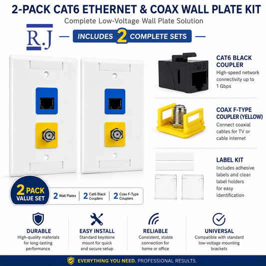 Cat6/Cat6A Keystone Jack + Coax Wall Plate Bundle | F-Type Connector, Ready to Install | RJ-EC-00