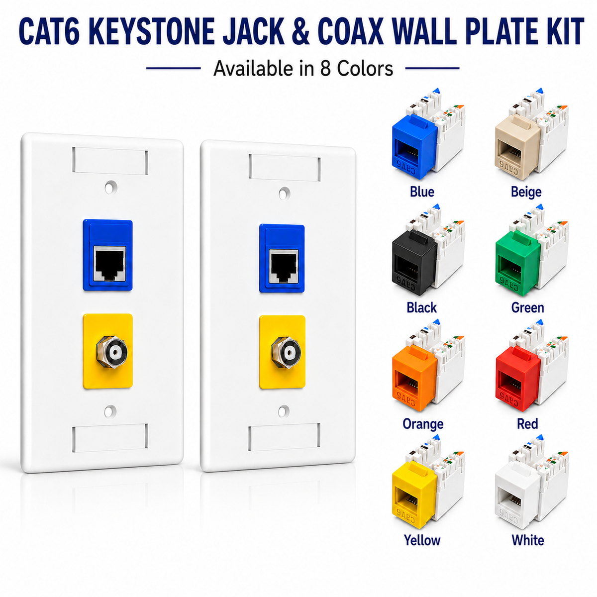 RJ45 Keystone Jack + Coax Wall Plate Bundle - Cat6 Color Options | RJ-EC-23 - R.J. Enterprises