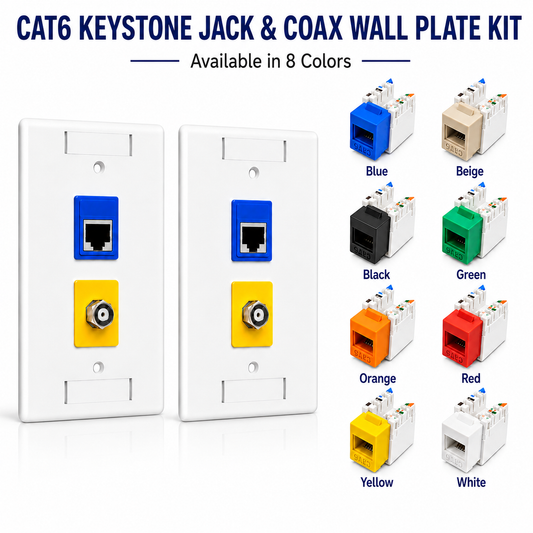 RJ45 Keystone Jack + Coax Wall Plate Bundle - Cat6 Color Options | RJ-EC-23 - R.J. Enterprises