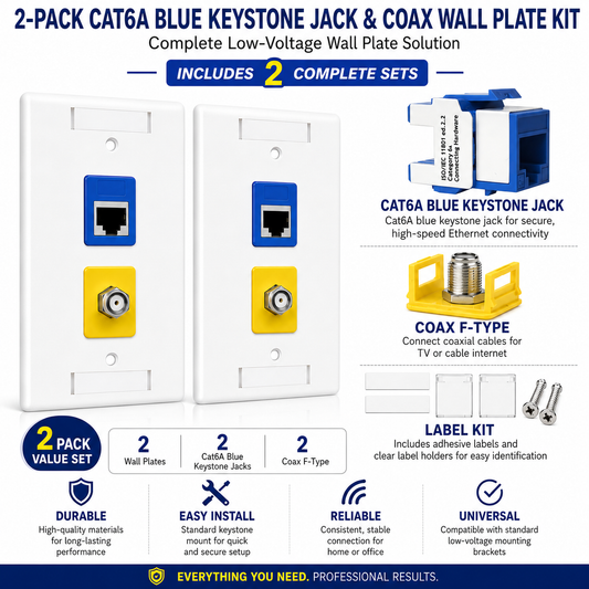 Cat6A Blue Keystone Jack + Coax Wall Plate Bundle | F-Type Connector, Ready to Install | RJ-EC-01