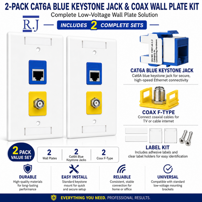 Cat6A Blue Keystone Jack + Coax Wall Plate Bundle | F-Type Connector, Ready to Install | RJ-EC-01 - R.J. Enterprises