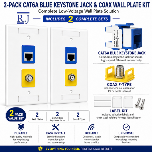 Cat6A Blue Keystone Jack + Coax Wall Plate Bundle | F-Type Connector, Ready to Install | RJ-EC-01