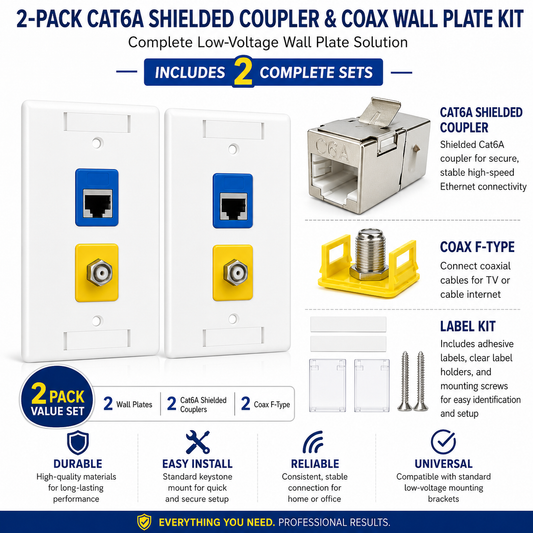 Cat6A Shielded Coupler + Coax Wall Plate Bundle | Keystone Jack & F-Type Connector, Ready to Install | RJ-EC-03
