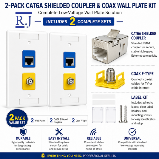 Cat6A Shielded Coupler + Coax Wall Plate Bundle | Keystone Jack & F-Type Connector, Ready to Install | RJ-EC-03
