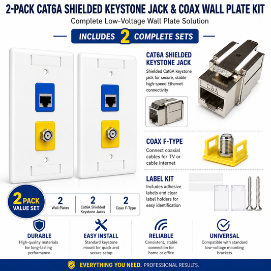 Cat6A Shielded Keystone Jack + Coax Wall Plate Bundle | F-Type Connector, Ready to Install | RJ-EC-02