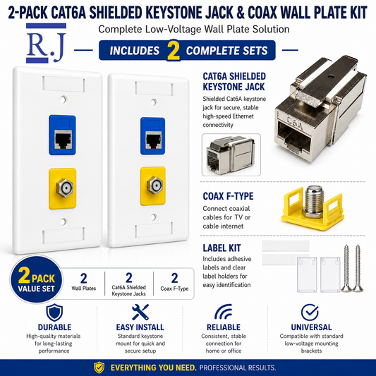 Cat6A Shielded Keystone Jack + Coax Wall Plate Bundle | F-Type Connector, Ready to Install | RJ-EC-02