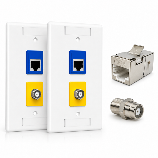 RJ45 Coupler + Coax Wall Plate Bundle - Cat6A Shielded Ethernet + F-Type | RJ-EC-03