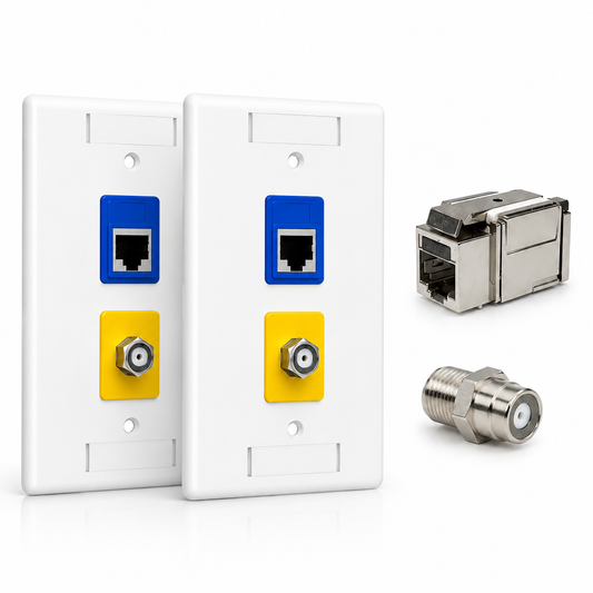 RJ45 Keystone Jack + Coax Wall Plate Bundle - Cat6A Shielded 10Gbps + F-Type | RJ-EC-02