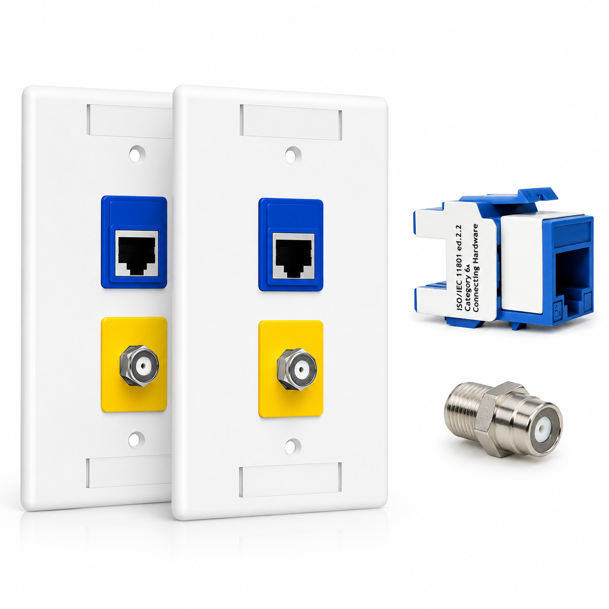 RJ45 Keystone Jack + Coax Wall Plate Bundle - Cat6A Blue Ethernet + F-Type | RJ-EC-01 - R.J. Enterprises
