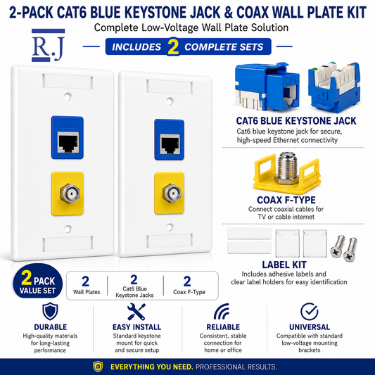 Cat6 Blue Keystone Jack + Coax Wall Plate Bundle | F-Type Connector, Ready to Install | RJ-EC-04 - R.J. Enterprises