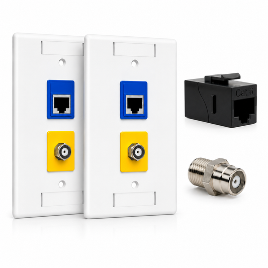 RJ45 Coupler + Coax Wall Plate Bundle - Cat6 Black Ethernet + F-Type | RJ-EC-06