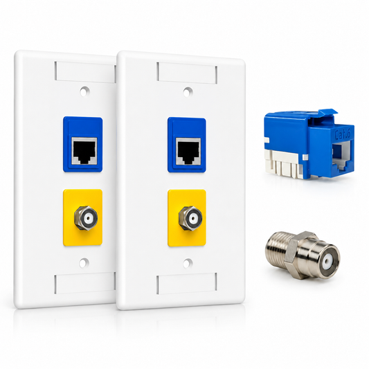 RJ45 Keystone Jack + Coax Wall Plate Bundle - Cat6 Blue Ethernet + F-Type | RJ-EC-04