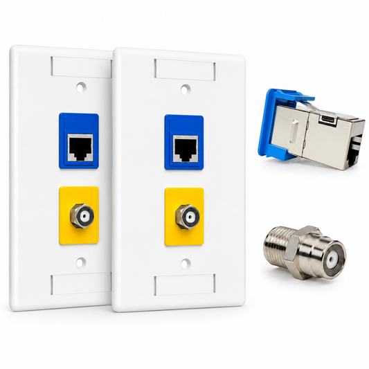 RJ45 Coupler + Coax Wall Plate Bundle - Cat6 Shielded Ethernet + F-Type | RJ-EC-05
