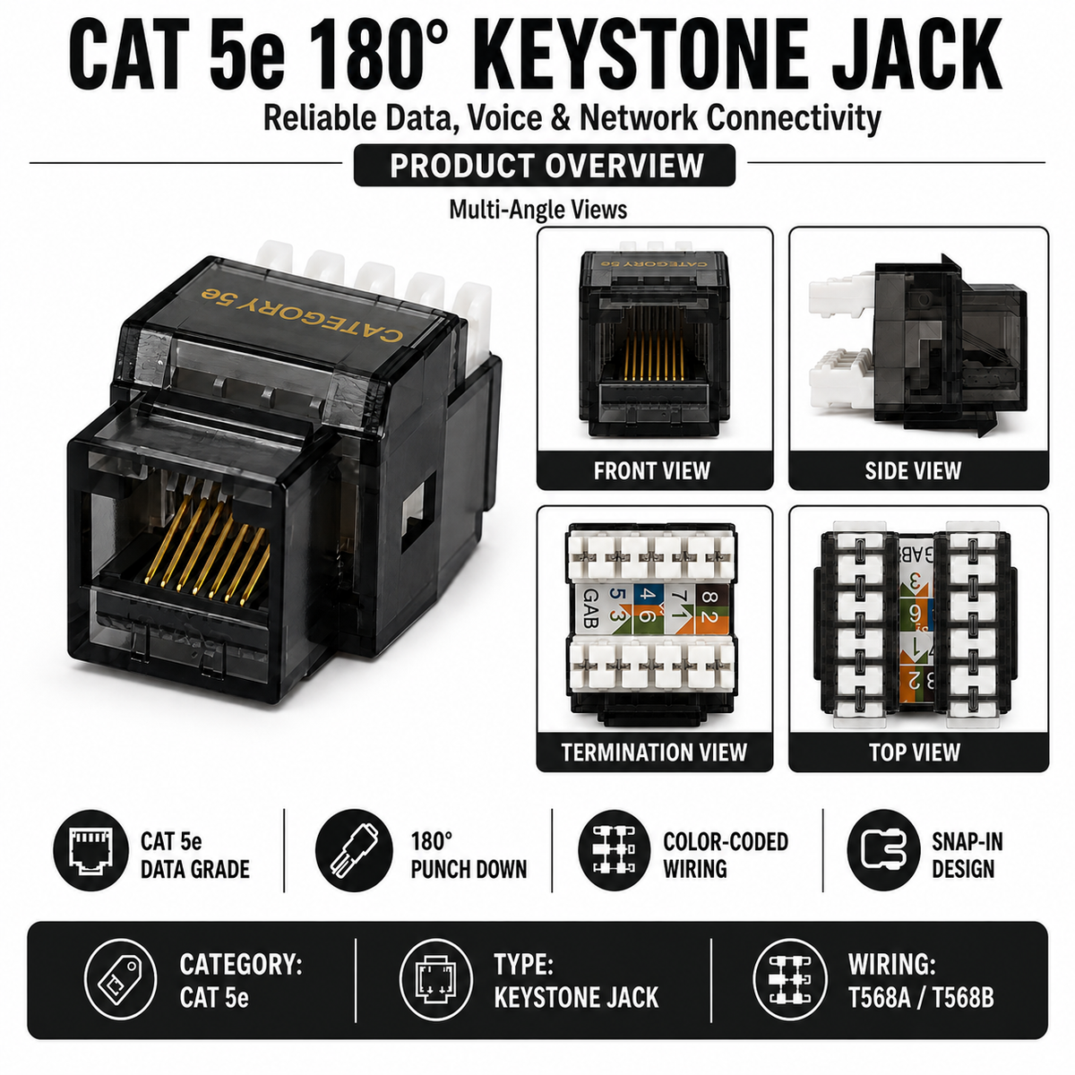 R.J. Enterprises - Cat5e Keystone Jack, 180-degree, Black (25 Pcs) - R.J. Enterprises