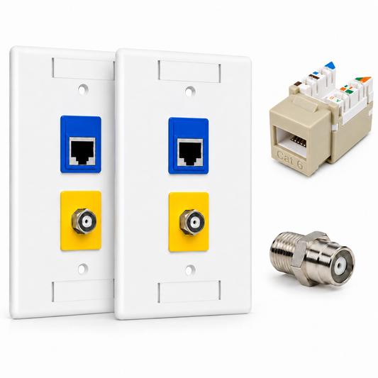 RJ45 Keystone Jack + Coax Wall Plate Bundle - Cat6 Ivory Ethernet + F-Type | RJ-EC-27 - R.J. Enterprises