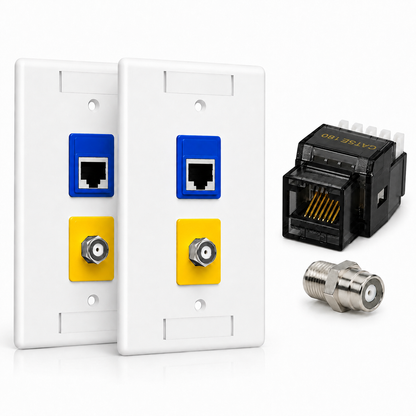 RJ45 Keystone Jack + Coax Wall Plate Bundle - Cat5e 180° Black Ethernet + F-Type | RJ-EC-08