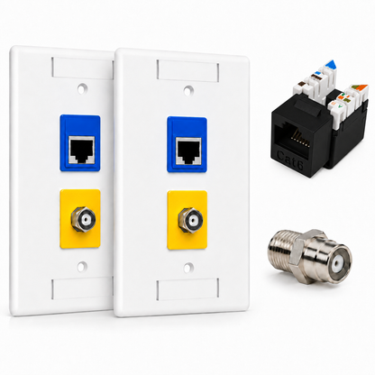 RJ45 Keystone Jack + Coax Wall Plate Bundle - Cat6 Black Ethernet + F-Type | RJ-EC-24