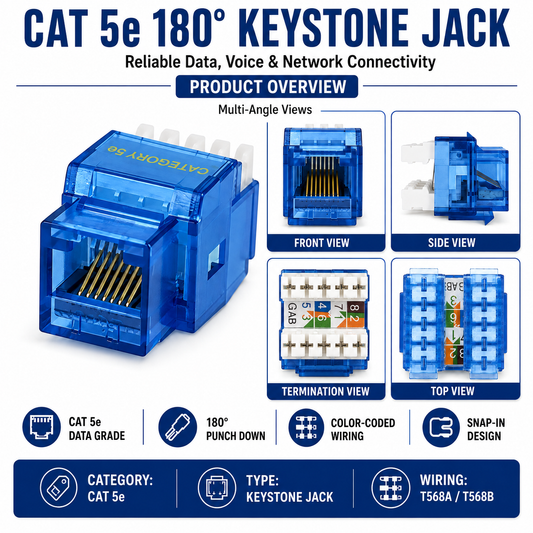 R.J. Enterprises - Cat5e Keystone Jack, 180-degree, Blue (25 Pcs)