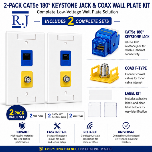 RJ45 Keystone Jack + Coax Wall Plate Bundle - Cat5e 180° Blue Ethernet + F-Type | RJ-EC-09 - R.J. Enterprises