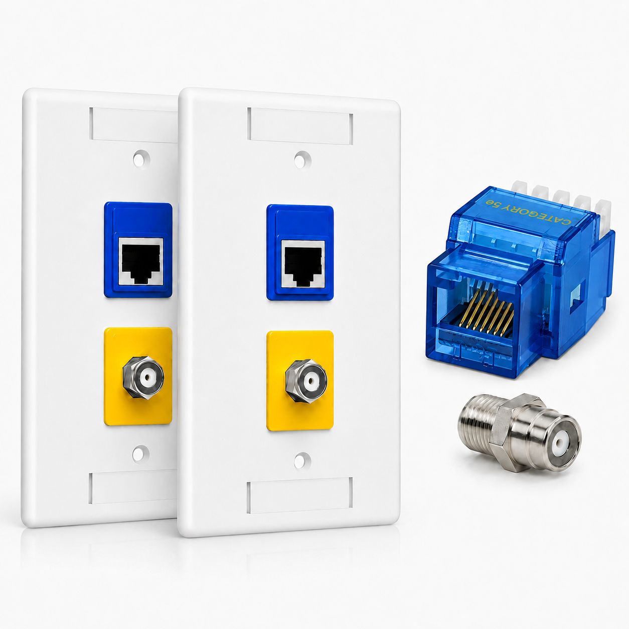 RJ45 Keystone Jack + Coax Wall Plate Bundle - Cat5e 180° Blue Ethernet + F-Type | RJ-EC-09