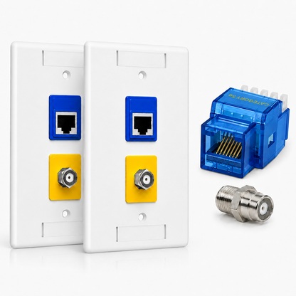 RJ45 Keystone Jack + Coax Wall Plate Bundle - Cat5e 180° Blue Ethernet + F-Type | RJ-EC-09