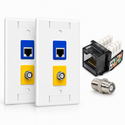 RJ45 Keystone Jack + Coax Wall Plate Bundle - Cat5e 90° Black Ethernet + F-Type | RJ-EC-16