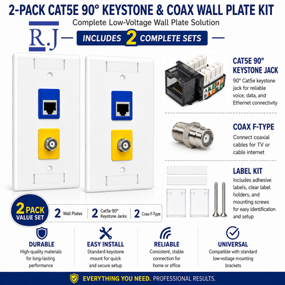 RJ45 Keystone Jack + Coax Wall Plate Bundle - Cat5e 90° Black Ethernet + F-Type | RJ-EC-16