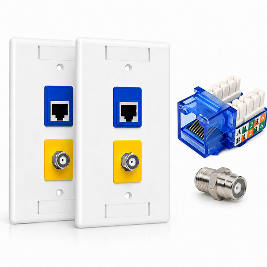RJ45 Keystone Jack + Coax Wall Plate Bundle - Cat5e 90° Blue Ethernet + F-Type | RJ-EC-17 - R.J. Enterprises