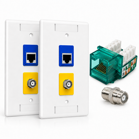 RJ45 Keystone Jack + Coax Wall Plate Bundle - Cat5e 90° Green Ethernet + F-Type | RJ-EC-18 - R.J. Enterprises