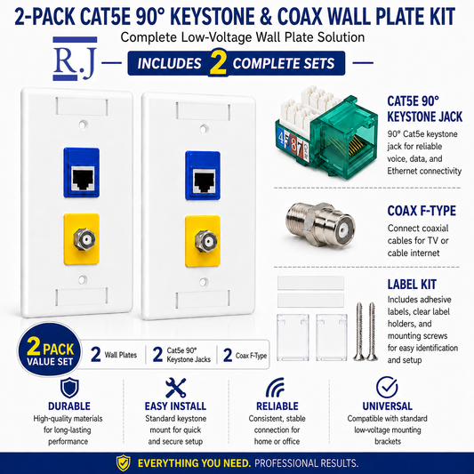 RJ45 Keystone Jack + Coax Wall Plate Bundle - Cat5e 90° Green Ethernet + F-Type | RJ-EC-18 - R.J. Enterprises