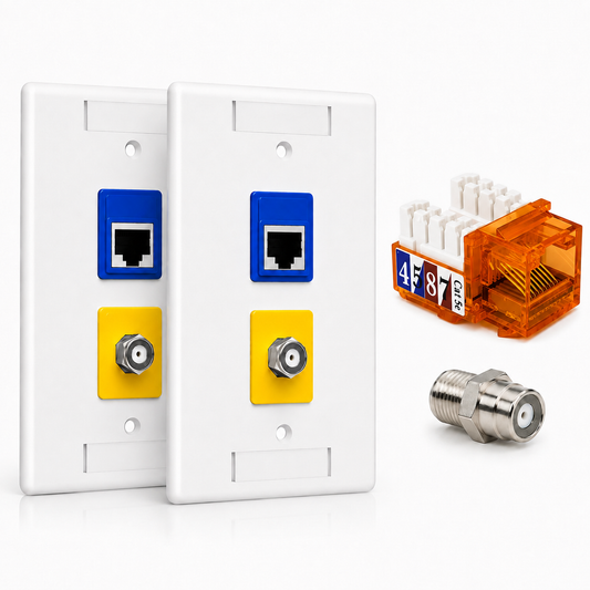 RJ45 Keystone Jack + Coax Wall Plate Bundle - Cat5e 90° Orange Ethernet + F-Type | RJ-EC-19 - R.J. Enterprises