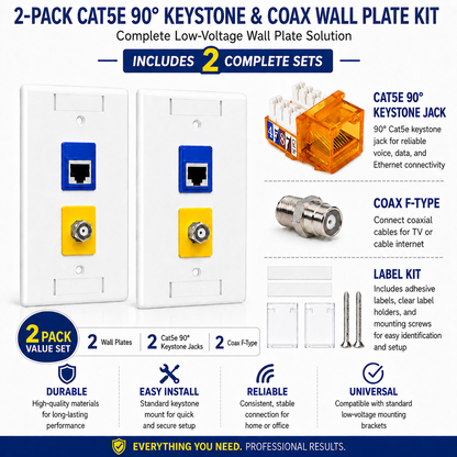 RJ45 Keystone Jack + Coax Wall Plate Bundle - Cat5e 90° Orange Ethernet + F-Type | RJ-EC-19