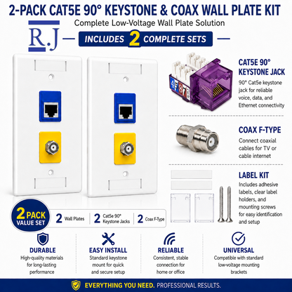 RJ45 Keystone Jack + Coax Wall Plate Bundle - Cat5e 90° Violet Ethernet + F-Type | RJ-EC-21