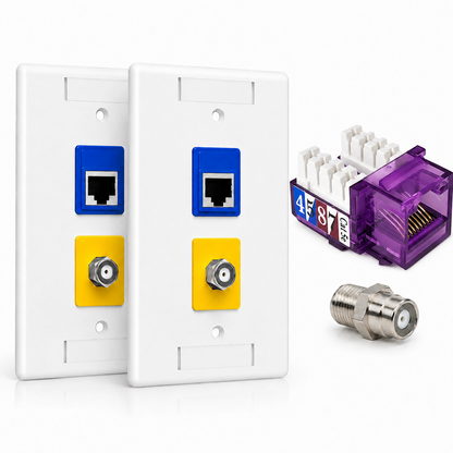 RJ45 Keystone Jack + Coax Wall Plate Bundle - Cat5e 90° Violet Ethernet + F-Type | RJ-EC-21