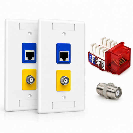 RJ45 Keystone Jack + Coax Wall Plate Bundle - Cat5e 90° Red Ethernet + F-Type | RJ-EC-20 - R.J. Enterprises