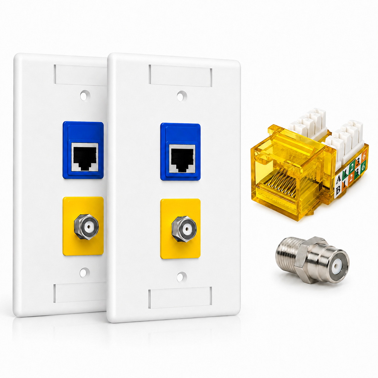RJ45 Keystone Jack + Coax Wall Plate Bundle - Cat5e 90° Yellow Ethernet + F-Type | RJ-EC-22