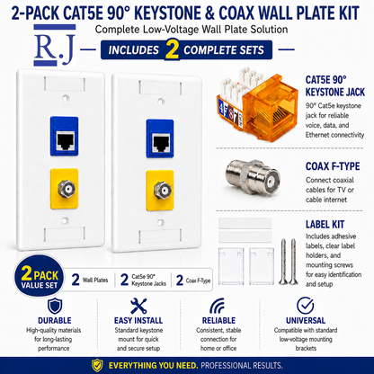 RJ45 Keystone Jack + Coax Wall Plate Bundle - Cat5e 90° Color Options | RJ-EC-15