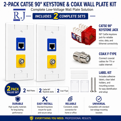 RJ45 Keystone Jack + Coax Wall Plate Bundle - Cat5e 90° Color Options | RJ-EC-15