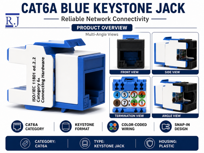Cat6A RJ45 Keystone Jack, Blue — 10-Pack