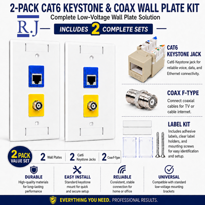 RJ45 Keystone Jack + Coax Wall Plate Bundle - Cat6 Ivory Ethernet + F-Type | RJ-EC-27