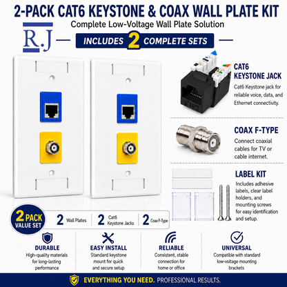 RJ45 Keystone Jack + Coax Wall Plate Bundle - Cat6 Black Ethernet + F-Type | RJ-EC-24