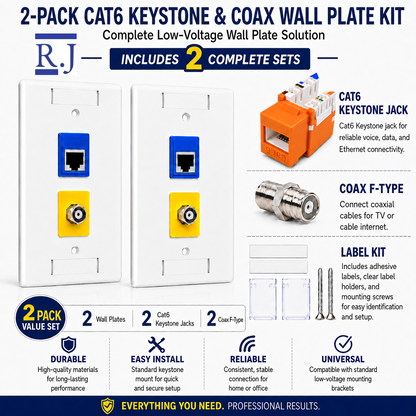 RJ45 Keystone Jack + Coax Wall Plate Bundle - Cat6 Orange Ethernet + F-Type | RJ-EC-25