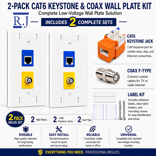 RJ45 Keystone Jack + Coax Wall Plate Bundle - Cat6 Orange Ethernet + F-Type | RJ-EC-25 - R.J. Enterprises