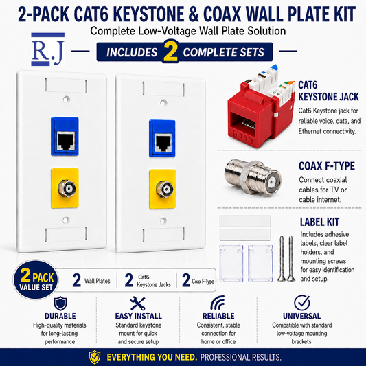 RJ45 Keystone Jack + Coax Wall Plate Bundle - Cat6 Red Ethernet + F-Type | RJ-EC-29 - R.J. Enterprises